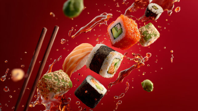 aerial composition of assorted sushi rolls and nigiri floating mid-air, centered cluster of sushi pieces with chopsticks, surrounded by delicate splashes of soy sauce and sesame seeds.