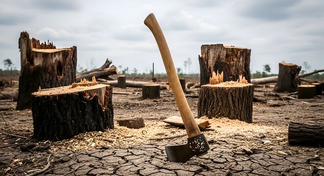 A large axe stands upright in a barren, deforested landscape with tree stumps and dry, cracked earth under a cloudy sky.