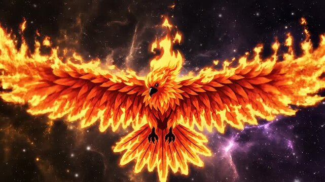 Mythical phoenix bird in flames flying.