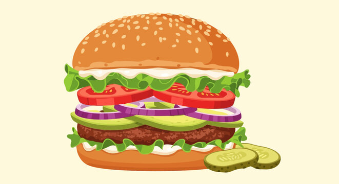 A vector eps illustration of a hamburger with lettuce, tomato, onion, and pickles on a bun.
