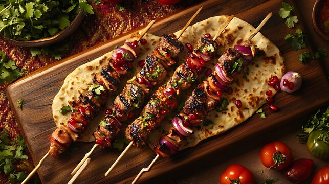 Delicious grilled beef kebabs with pomegranate on fresh flatbread, overhead view