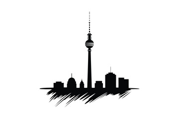 Obraz premium Black silhouette of a city skyline with a tall tower and buildings