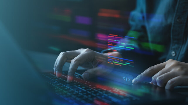 Software developer coding on a laptop with digital code overlay, representing programming, artificial intelligence, and modern software development technology.