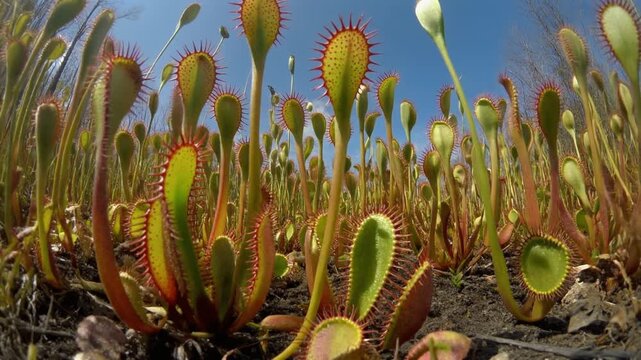 Field of Venus Flytrap Plants Under Clear Blue Sky