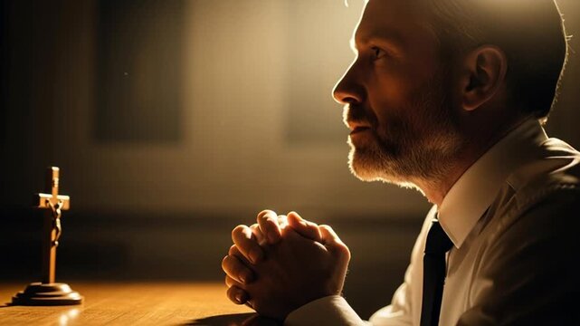 Man in suit prays with clasped hands beside a crucifix on a wooden table indoors