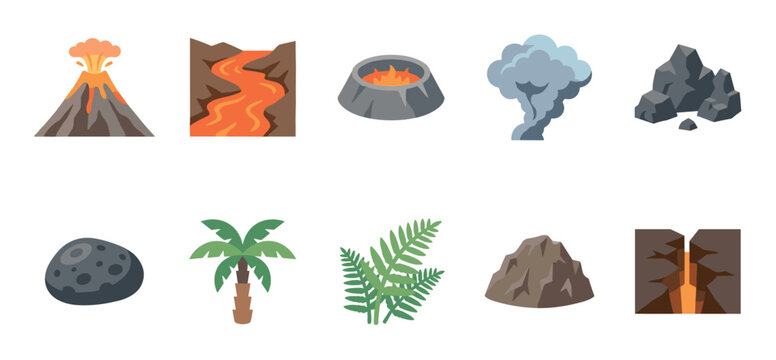 Collection of flat vector volcano icons showing an eruption, lava river, crater, smoke, rocks, meteorite, palm tree, fern, and an earth fissure for geological or prehistoric themes