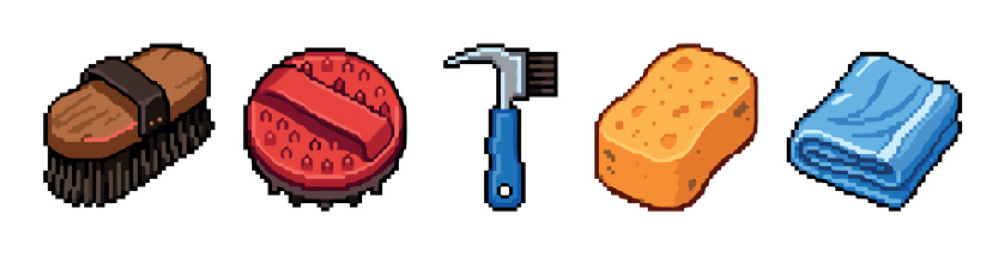Set of five horse grooming tools featuring a body brush, curry comb, hoof pick, sponge, and towel in a charming 8-bit pixel art illustration style