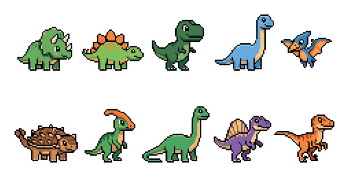 Collection of cute pixel art dinosaurs featuring various species like T-Rex and Triceratops in a colorful, retro 8-bit video game style for kids' design projects