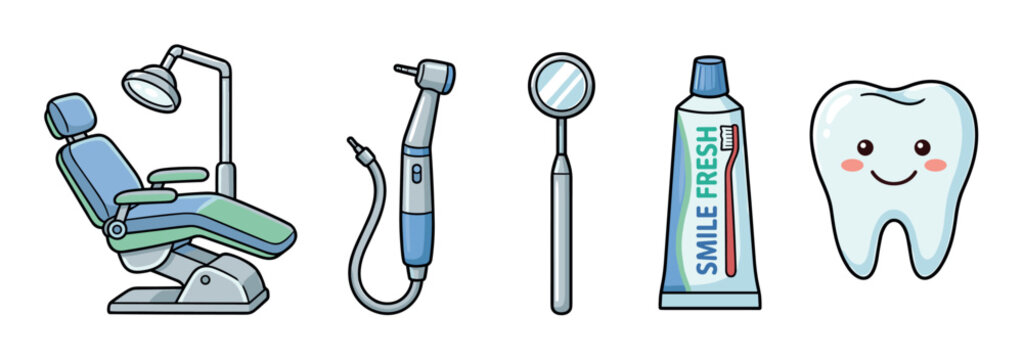Collection of cute cartoon dental equipment icons with a chair, drill, mirror, toothpaste, and a smiling tooth character, representing oral hygiene and pediatric dentistry concepts