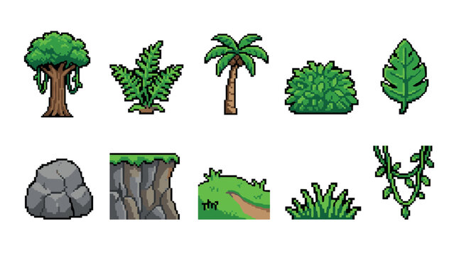 Set of pixel art jungle assets for video game development includes trees, rocks, plants, and terrain elements for a platformer level design in a retro 8-bit style