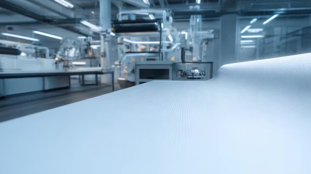 Industrial textile machinery continuously operating in a modern factory setting, producing long rolls of white fabric, symbolizing manufacturing and technology
