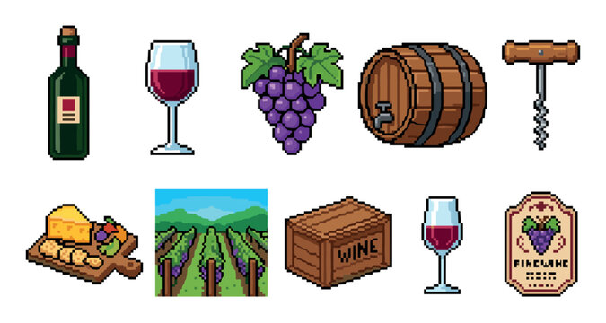 Collection of pixel art wine icons featuring a bottle, glass, grapes, barrel, corkscrew, cheese board, vineyard, crate, and label in a retro 8-bit video game style