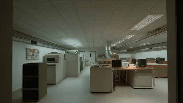 Modern office interior featuring various computers, monitors, printers, and document machines, creating an environment for technology, business work, and information processing