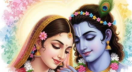 Obraz premium Hindu Deities Radha Krishna Embrace Divine Love Devotion Spiritual Connection Soft Pastel Colors