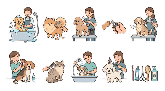 Pet grooming illustration set showing people washing, brushing, trimming, and cleaning various dogs and a cat in a cute cartoon doodle style