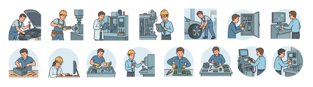 Set of hand-drawn icons depicting skilled laborers and engineers at work, including auto mechanics, electricians, and factory operators using tools and machinery in a simple comic style