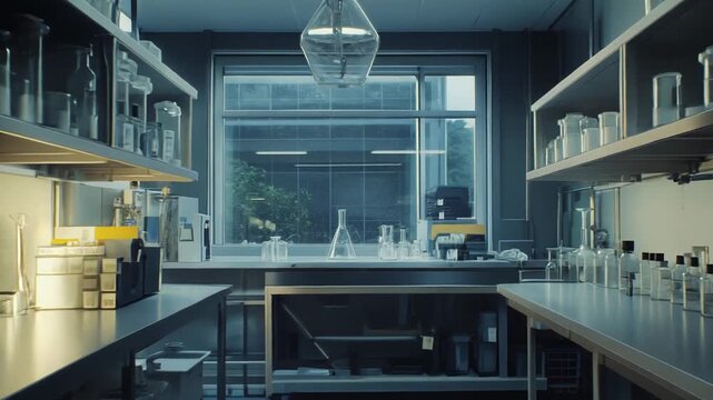 Modern scientific laboratory interior featuring stainless steel countertops, various glass beakers, bottles, and flasks under bright lighting, ready for experimentation and diagnostics