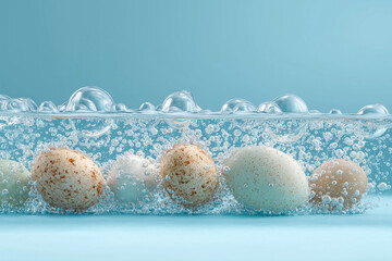 Obraz premium Easter eggs floating in water with bubbles, underwater scene, soft blue tones, surreal concept