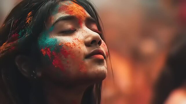 Young lady revels in the vibrant tapestry of Holi's exuberant celebration, she looks into the light in the face of the crowd