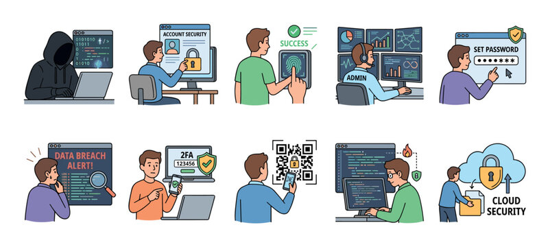 Collection of cybersecurity and data protection illustrations showing concepts of hacking, two-factor authentication, passwords, cloud storage, and biometric scanning in a cartoon style