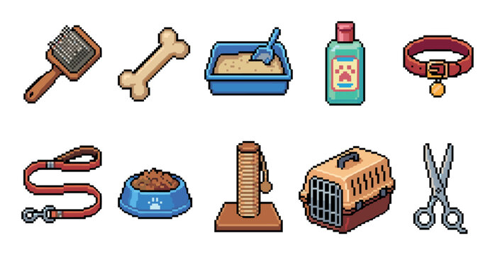 Pixel art collection of pet supplies including a brush, bone, litter box, shampoo, collar, leash, food bowl, scratching post, carrier, and scissors for a retro video game