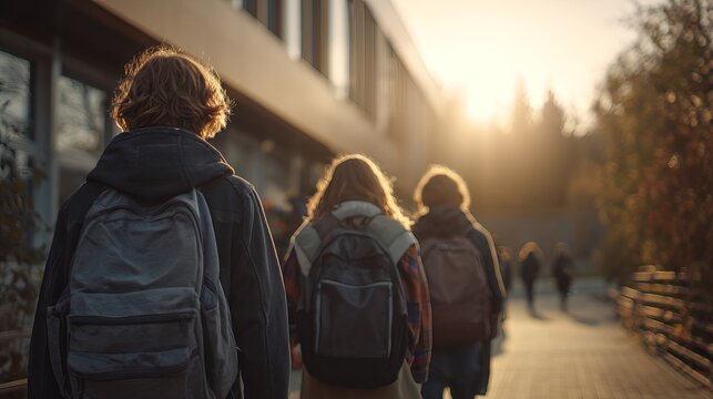 Students walking toward school building from back view, carrying backpacks, morning sunlight outdoors
