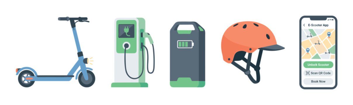 Electric scooter sharing service vector icon set featuring a kick scooter, charging station, battery, helmet, and smartphone app for urban mobility and eco-friendly transport