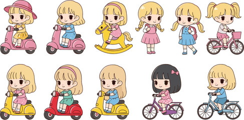 Naklejka premium Cute little girl character set featuring children riding scooter, bicycle, and toys in adorable pastel cartoon style for kids illustration design