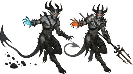 Fototapeta premium Dark demon warrior character illustration featuring armored creature with horns, glowing hands, and dynamic combat poses in fantasy game vector style