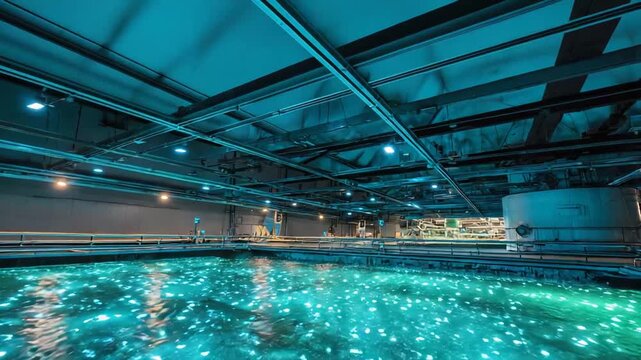 Industrial water treatment facility processing vast amounts of water, creating glowing patterns from the filtration process, highlighting environmental technology and resource management
