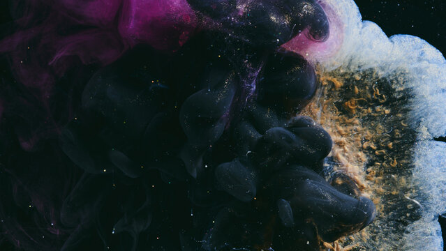 Luxurious abstract dark background. Explosive colors wallpaper, outer space pattern. Dynamic paint backdrop.