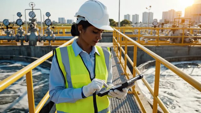 Female engineer using tablet at large industrial water treatment plant