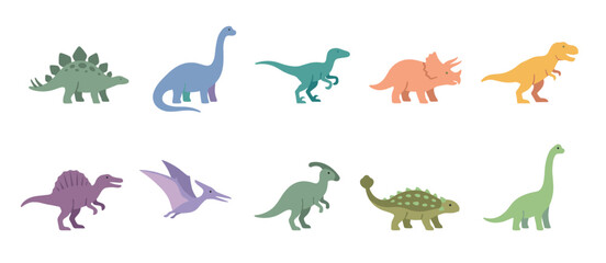Fototapeta premium Cute cartoon dinosaurs set with various prehistoric creatures illustration, perfect for children's books, educational materials, and playful design projects.