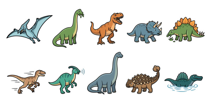 Cute cartoon dinosaurs collection features various prehistoric creatures in a playful and educational illustration for children's designs and learning materials.