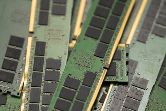 RAM computer memory DDR module technology. RAM DRAM chip electronics circuit board. RAM motherboard slot PC hardware upgrade. RAM computing system processor performance.