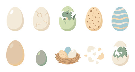 Fototapeta premium Cute cartoon eggs, dinosaur hatching, and a nest with various colorful eggs, illustrating the life cycle and diversity of oviparous creatures.