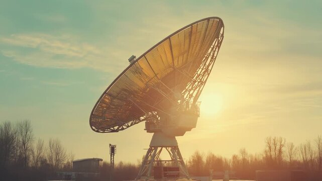 Large radio telescope dish receiving signals, symbolizing global communication, technological progress, satellite internet, and scientific space exploration under a vibrant sky with setting sun