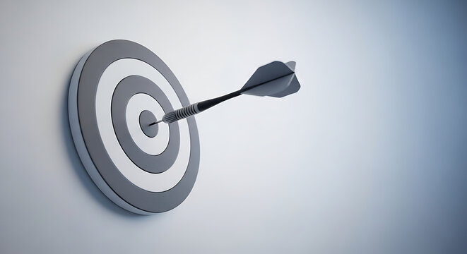 A single black dart perfectly hits the bullseye of a grey and white target board, symbolizing precision and goal achievement.