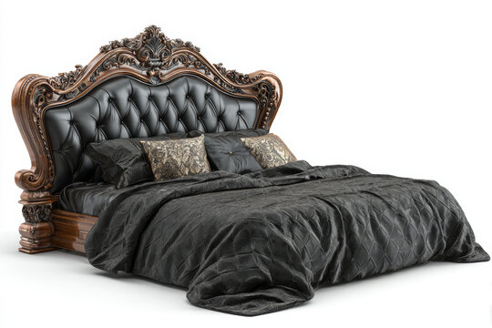 Luxury bed ornate headboard black bedding carved wood classic design elegant bedroom tufted leather baroque style decorative pillow comfort