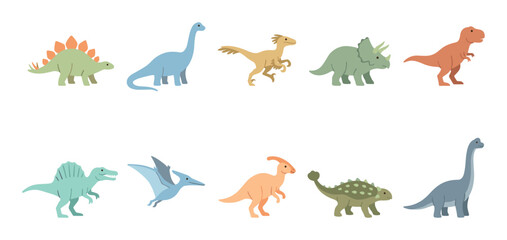 Obraz premium Cute cartoon dinosaurs and prehistoric creatures set in a flat design style, perfect for children's books, educational materials, or playful decorations.