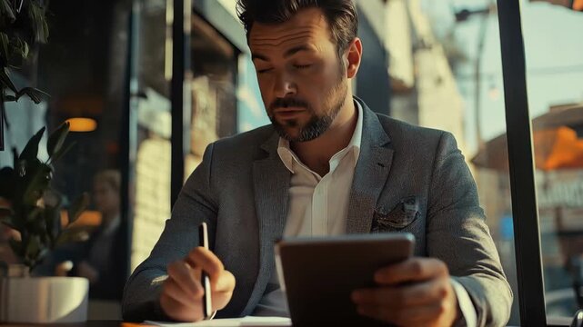 Businessman checking tablet at cafe during morning hours while reviewing notes and planning for the day ahead