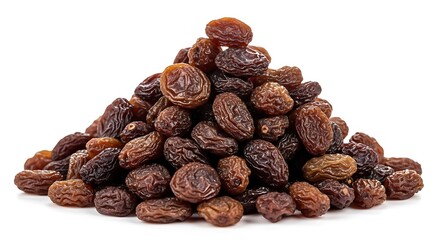 Obraz premium A heap of dried raisins and sultanas displayed on a plain background