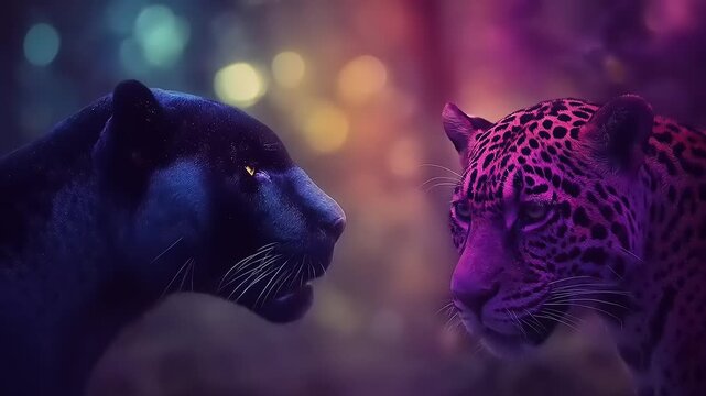 Mystical feline encounter with vividly colorful panthers gazing in close proximity amidst radiant hues in a forest