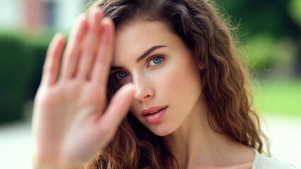 Fototapeta premium Young woman shielding face with hand in outdoor setting