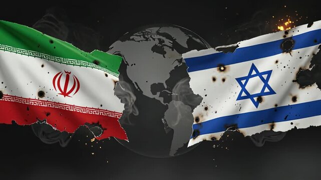 Iran israel flag conflict smoke globe geopolitical tension with world map Middle East clash, burning edges, sparks, fire over globe