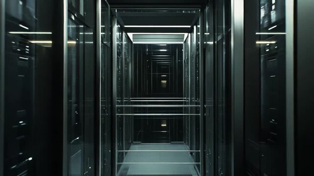 Data center corridor features rows of gleaming glass fronted server racks symbolizing digital information, cloud storage, and advanced computing infrastructure for modern technology