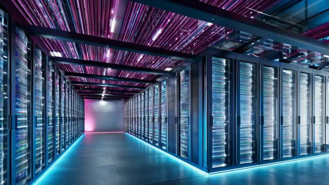 Data center servers corridor blue magenta cabling ceiling illuminated rows of glass cabinets in a scalable high performance computing facility with pristine reflective floor