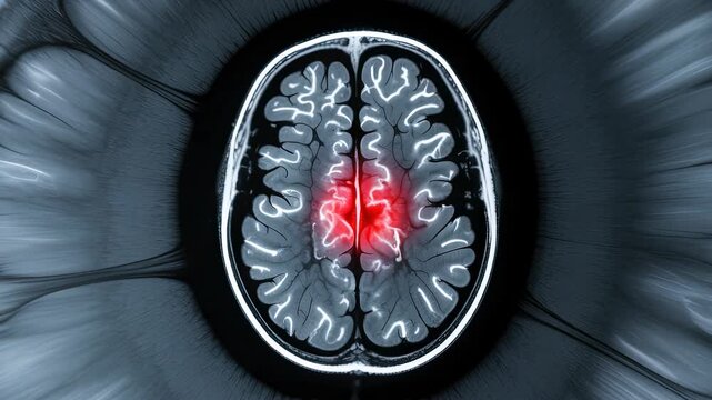 Brain Hemorrhage Stroke Medical Scan MRI Diagnosis Neurology Imaging Head Scan With Red Bleeding Focus, Acute Urgent Healthcare Concept