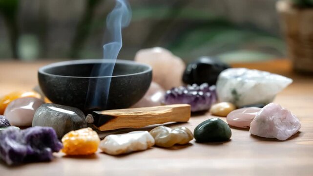 Assorted healing crystals and polished stones with burning palo santo stick and rising smoke on wooden surface for meditation and spiritual ritual