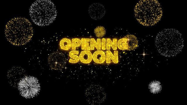 A video showcasing a vibrant opening soon sign surrounded by colorful fireworks exploding in the night sky